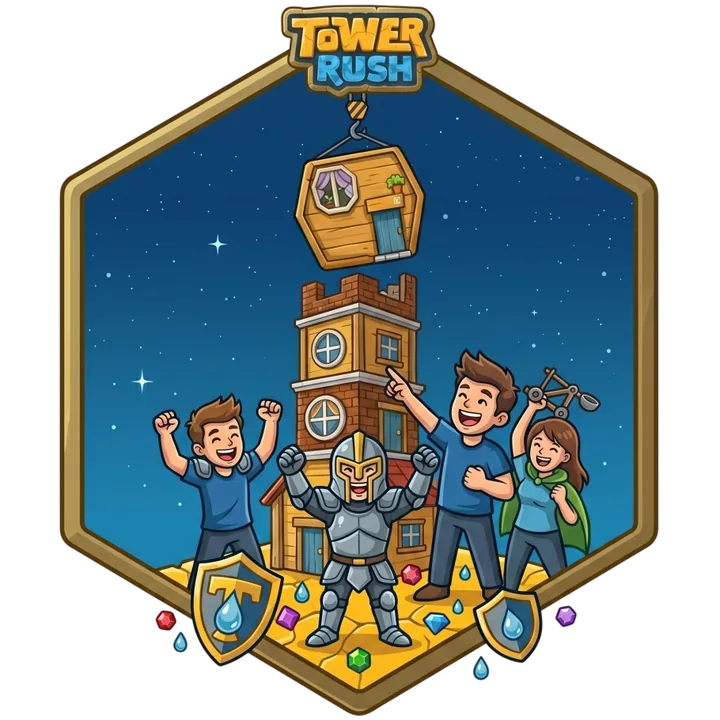 Tower Rush Game — characters cheering as a crane lowers a building onto a tower